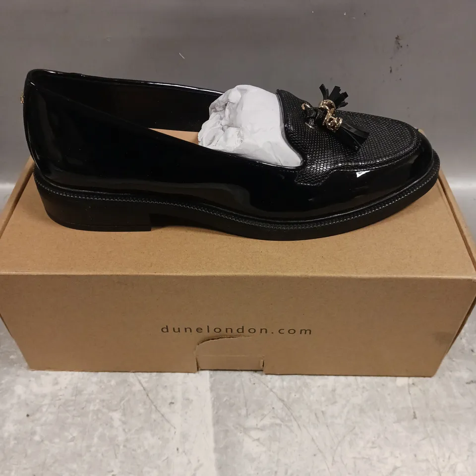 BOXED PAIR OF DUNE GRAPE TASSEL SLIP ON SHOES IN BLACK - 6