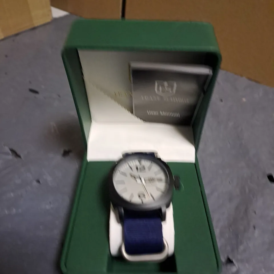 FRANK SCHMIDT WHITE DIAL GENTS WATCH WITH BLACK CASE AND BLUE FABRIC STRAP IN GIFT BOX