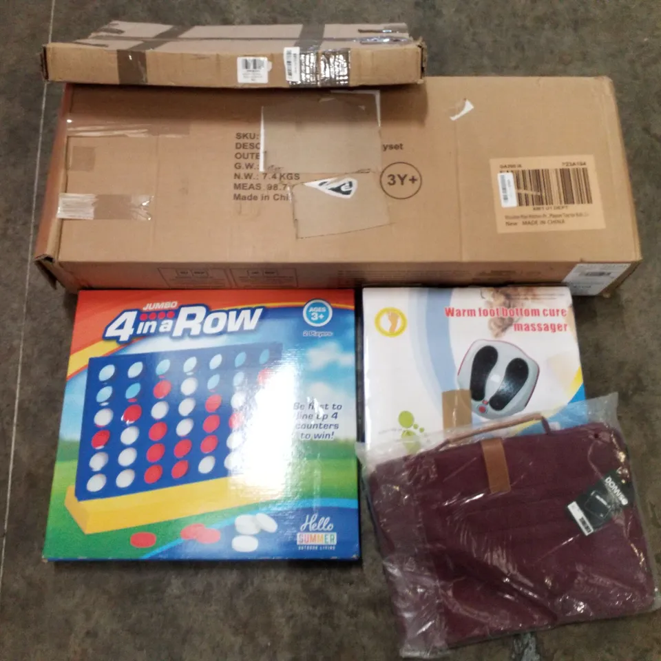 PALLET OF ASSORTED PRODUCTS INCLUDING FOOT BOTTOM CURE MASSAGER, JUMBO 4 IN A ROW, LAPTOP BAG, LAPTOP BED TRAY, WOODEN KITCHEN PLAYSET