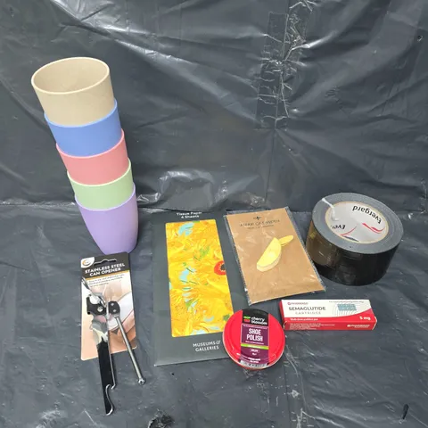 APPROXIMATELY 15 ASSORTED HOUSEHOLD PRODUCTS TO INCLUDE CAN OPENER, TAPE, SHOE POLISH ETC