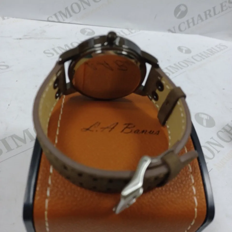 LA BANUS BLACK FACE CHROME BEZEL BROWN SUEDE STRAP WRISTWATCH 