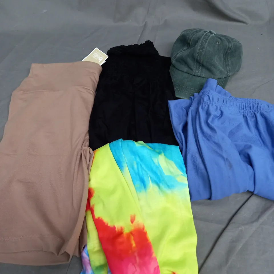 BOX OF APPROXIMATELY 25 ASSORTED CLOTHING ITEMS TO INCLUDE - HAT , TROUSERS , SHORTS ETC