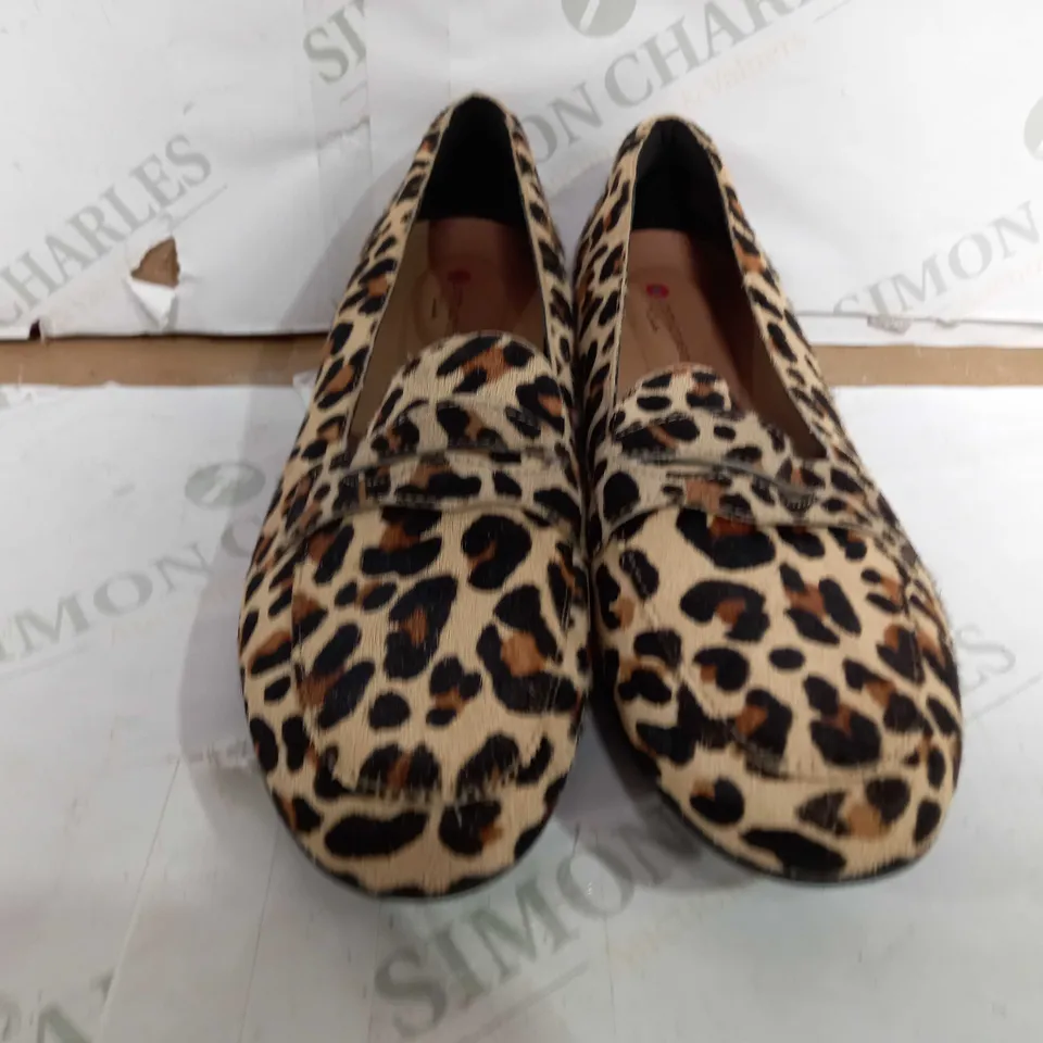 PAIR OF CLARKS SLIP ON HEELED LEOPARD SHOES - UK 5.5