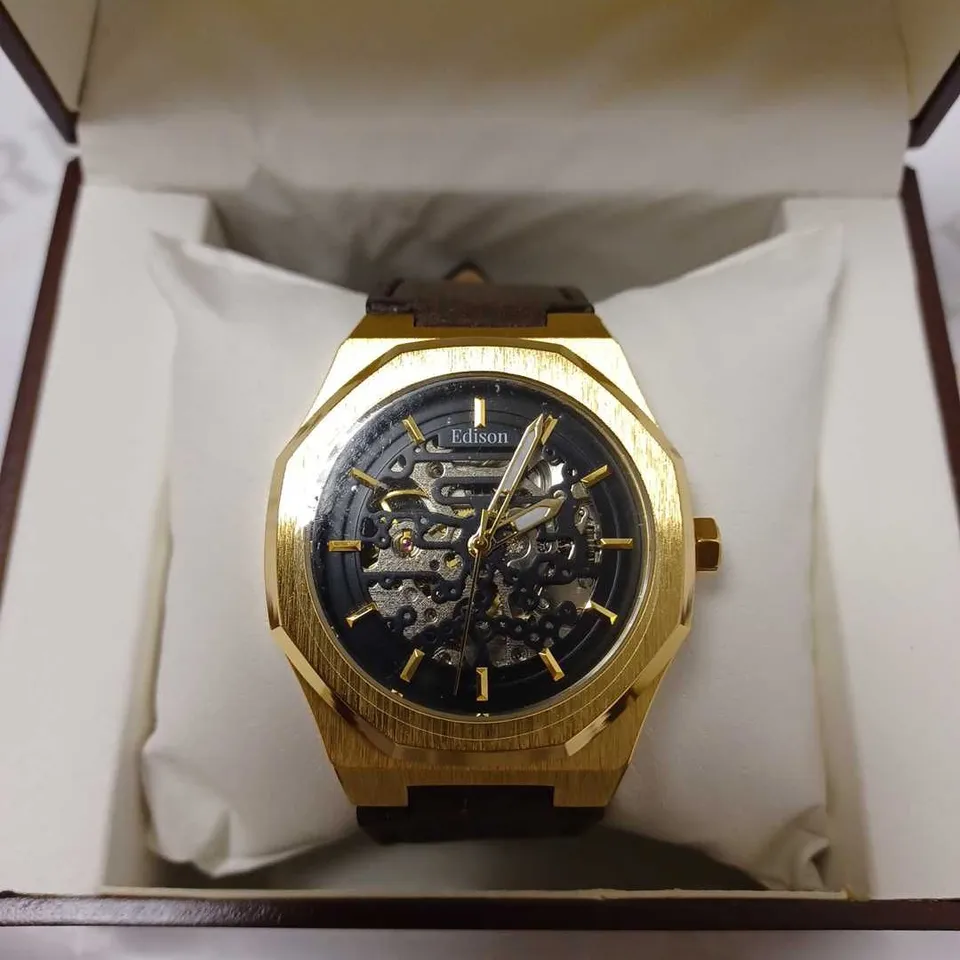 EDISON OCTAGONAL SKELETON DIAL LEATHER STRAP WATCH