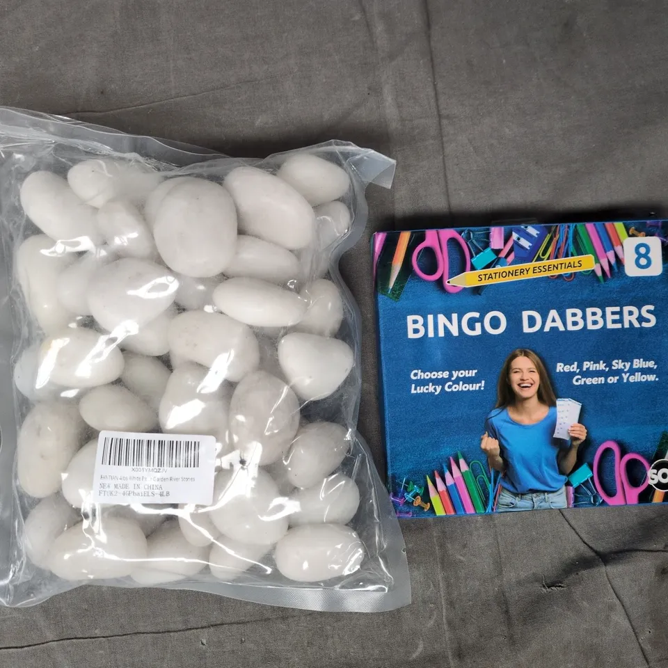 APPROXIMATELY 5 ASSORTED HOUSEHOLD ITEMS TO INCLUDE GARDEN RIVER STONES, BINGO DABBERS, ETC