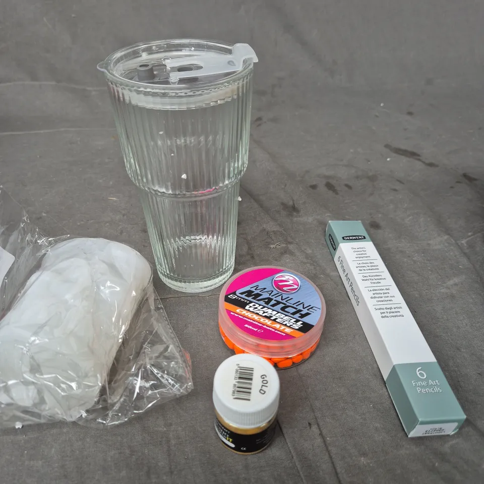 APPROXIMATELY 8 ASSORTED HOUSEHOLD ITEMS TO INCLUDE DRINKS CONTAINER, ART PENCILS, BAITS ETC 