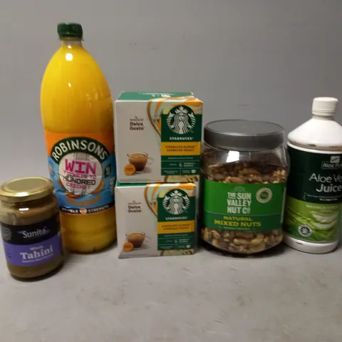 LOT OF APPROXMATELY 6 ITEMS TO INCLUDE  - ALOE VERA JUICE, NATURAL MIXED NUTS, AND SUNITA WHOLE TAHINI SEED SPREAD ETC. 