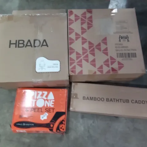 PALLET OF ASSORTED ITEMS INCLUDING HBADA OFFICE CHAIR, BAMBOO BATHTUB CADDY, PIZZA STONE & PEEL SET, JUEMEL ROTARY TOOL