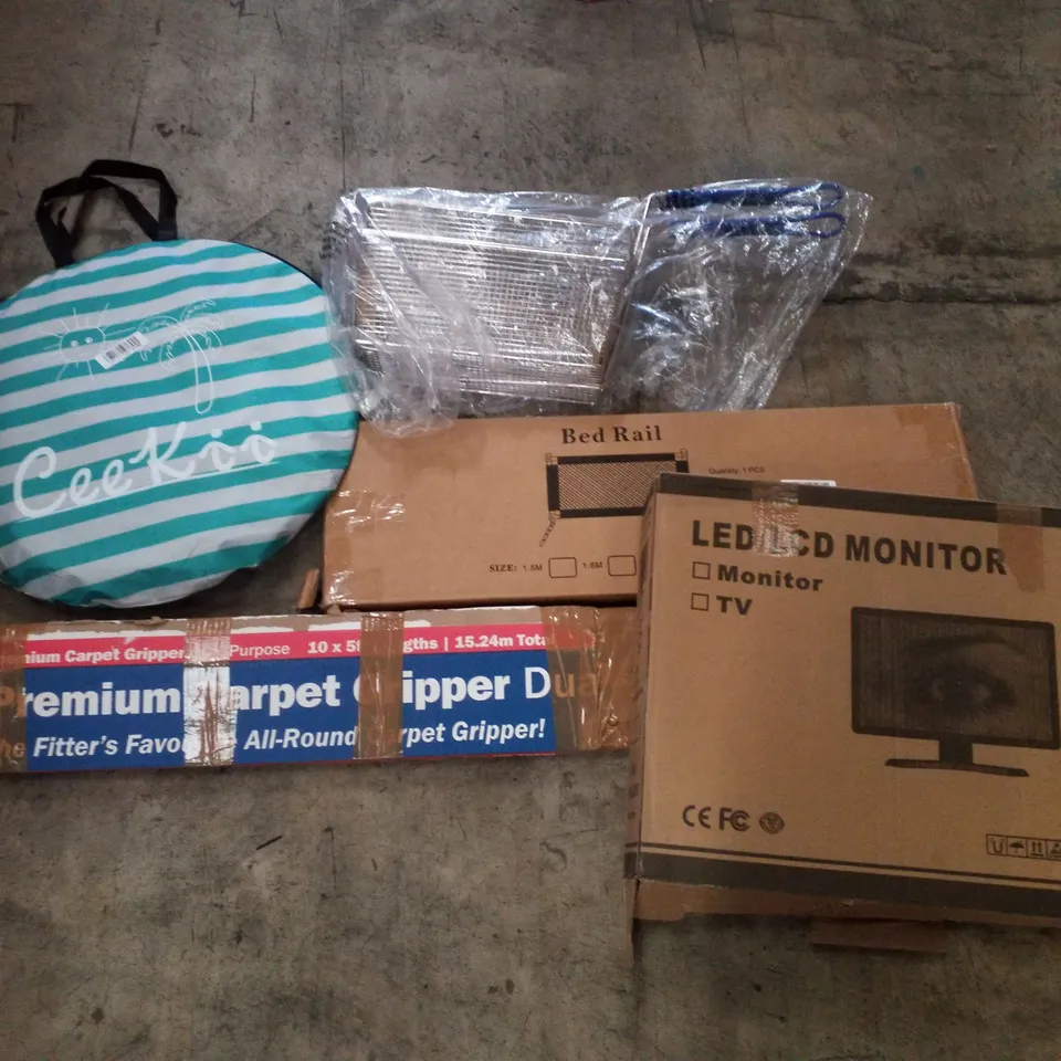PALLET CONTAINING ASSORTED PRODUCTS INCLUDING BED RAIL, LED/LCD MONITOR, PREMIUM CARPET GRIPPER, BEACH POP UP TENT & FRYER BASKETS