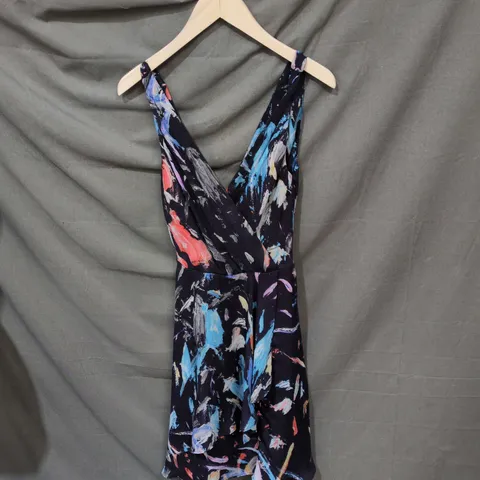 REISS WOMEN'S SLEEVELESS WRAP DRESS – ABSTRACT PAINT PRINT, NAVY SIZE 8 UK