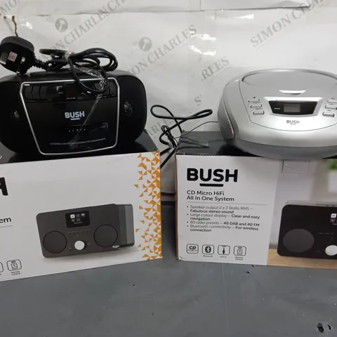 BOX OF APPROXIMATELY 15 ITEMS TO INCLUDE BUSH RADIO BOOMBOX, CASSETTE BOOMBOX, CD PLAYER ETC