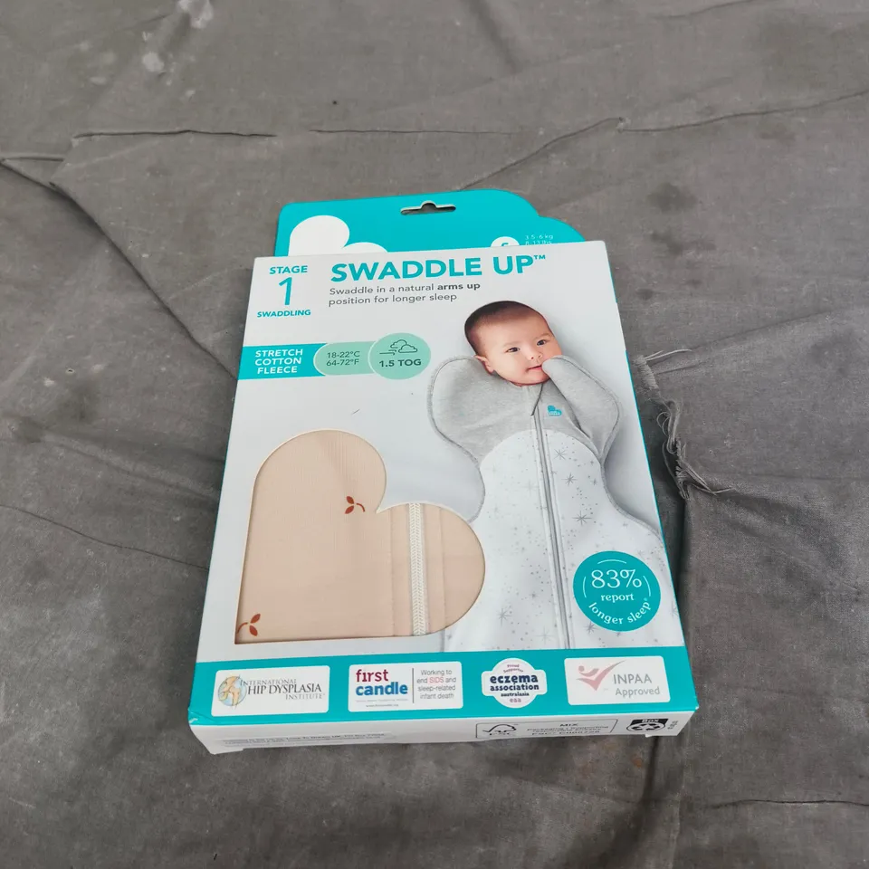 SWADDLE UP STAGE 1 BABY SWADDLE – STRETCH COTTON FLEECE, 1.5 TOG, NATURAL ARMS UP