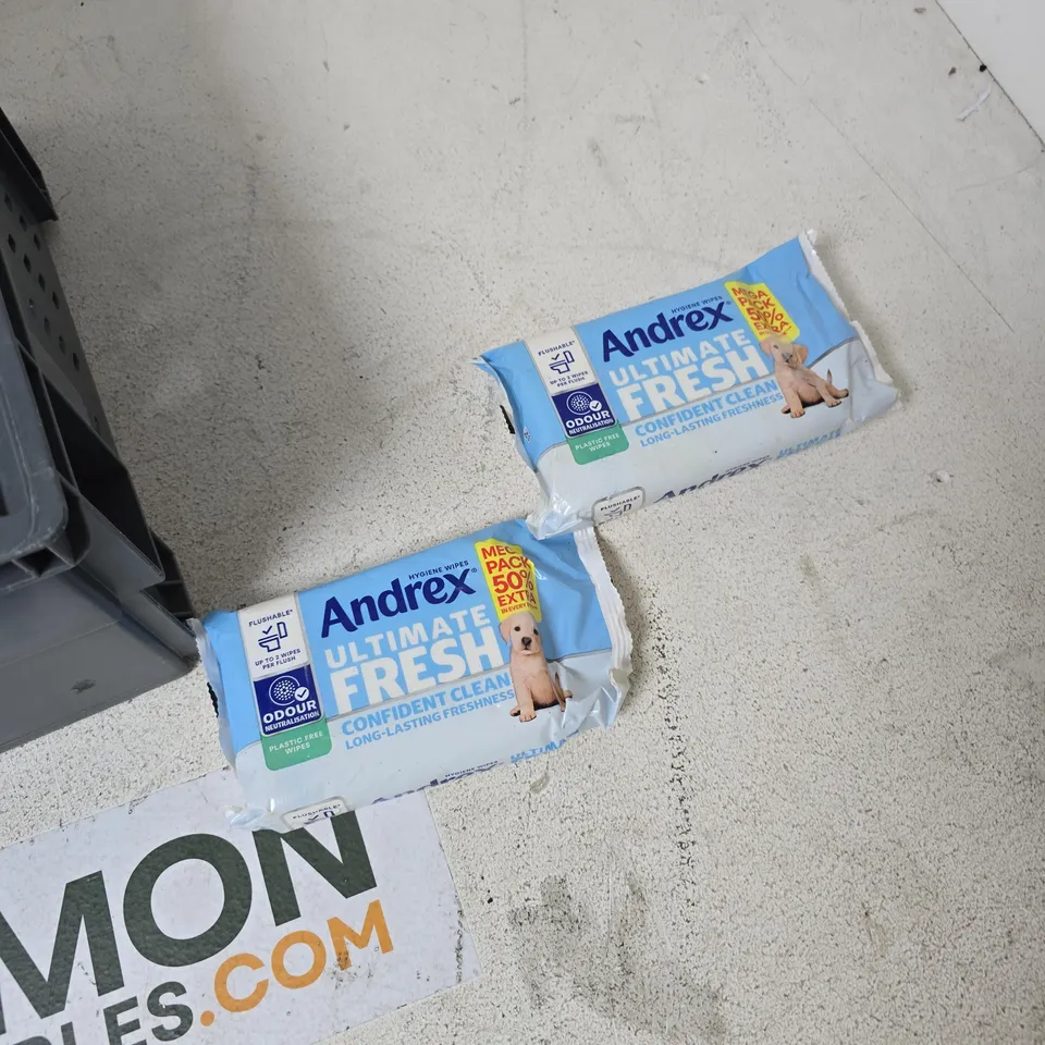 TOTE OF APPROXIMATELY 12 ASSORTED ITEMS TO INCLUDE: ANDREX WIPES 