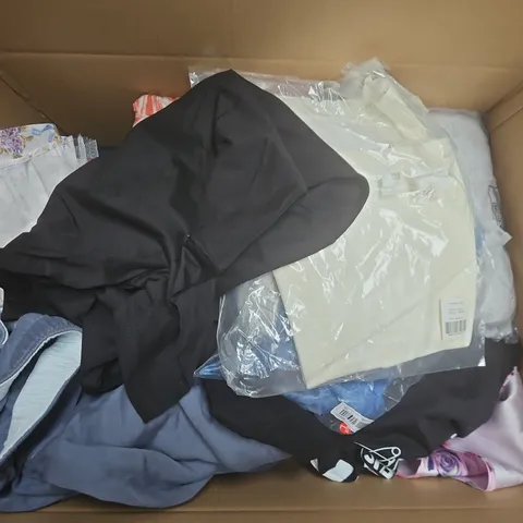 LARGE BOX OF APPROXIMATELY 25 ASSORTED CLOTHING ITEMS IN VARIOUS COLOURS, STYLES AND SIZES - COLLECTION ONLY