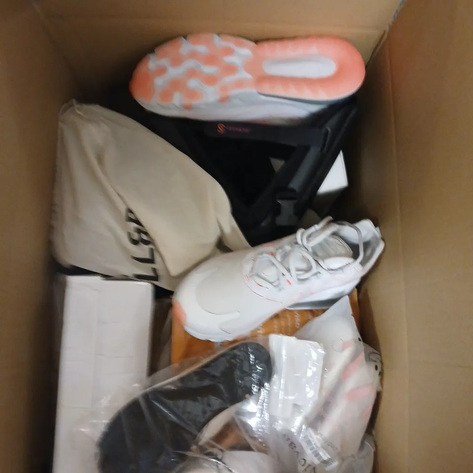 BOX OF APPROXIMATELY 12 PAIRS OF ASSORTED SHOES IN VARIOUS COLOUR, STYLES AND SIZES