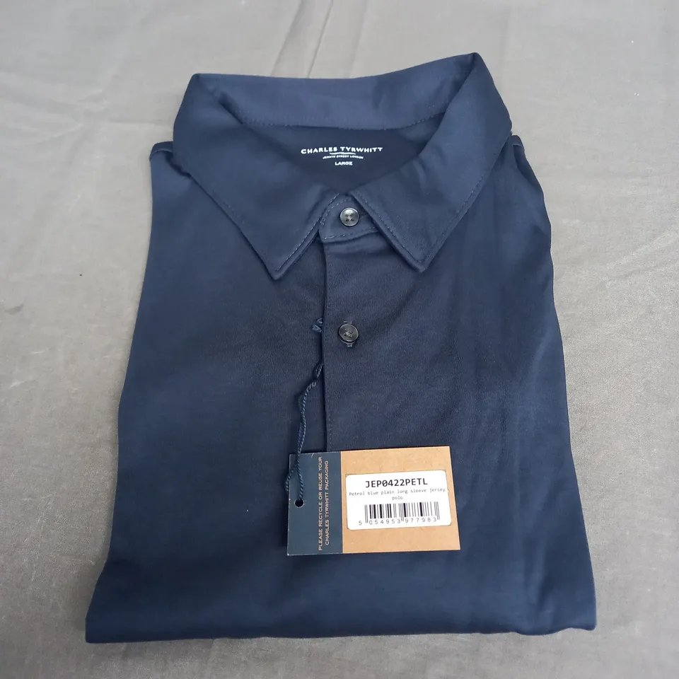 CHARLES TYRWHITT PETROL BLUE PLAIN LONG SLEEVE JERSEY POLO - LARGE