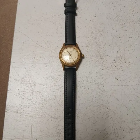 CURTISS AUTOMATIC WRISTWATCH – VINTAGE GOLD TONE CASE, BLACK LEATHER STRAP