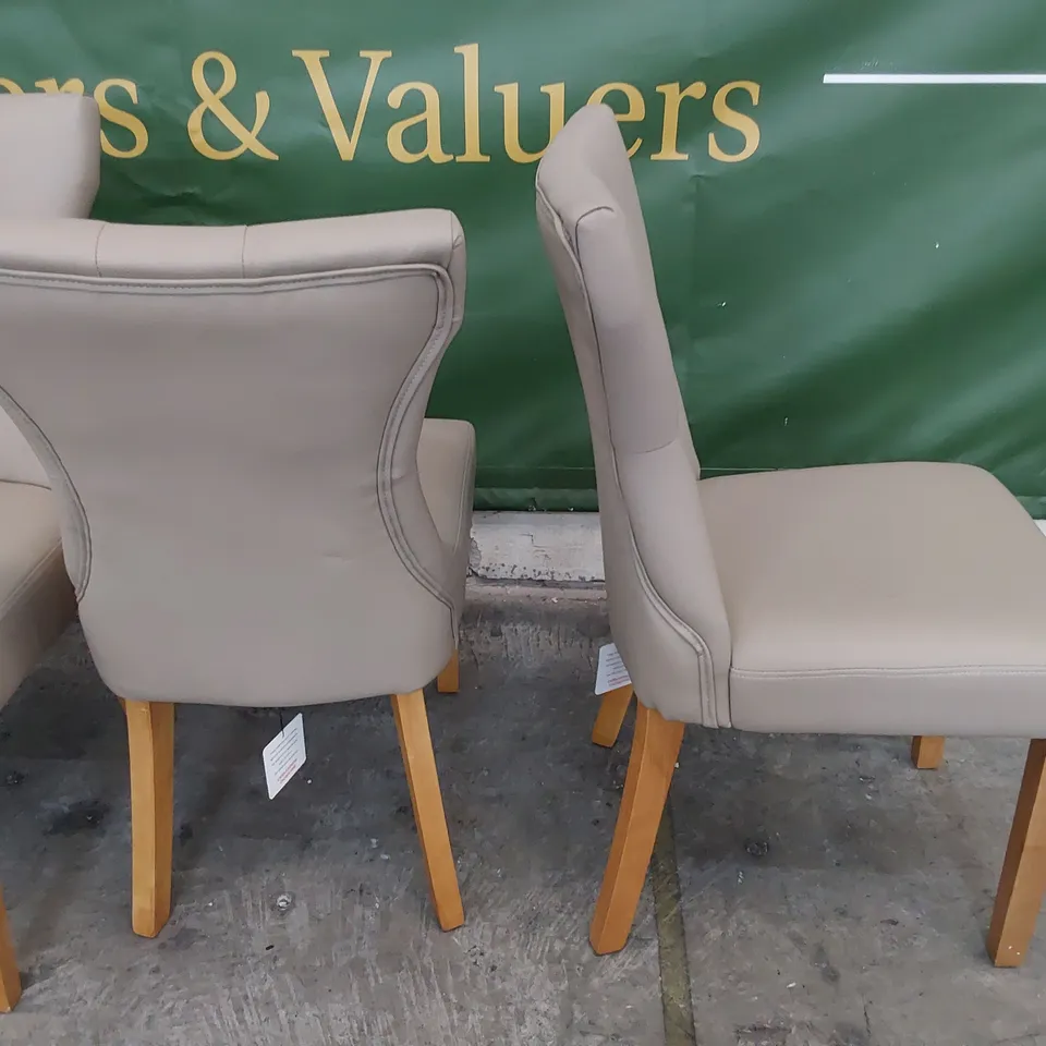 SET OF FOUR UPHOLSTERED BUTTONED BACK DINING CHAIRS BEIGE PU ON NATURAL WOOD LEGS 