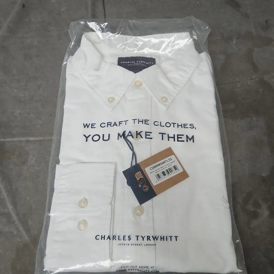CHARLES TYRWHITT WHITE BUTTON-DOWN STRETCH OXFORD SLIM-FIT SHIRT - SIZE L