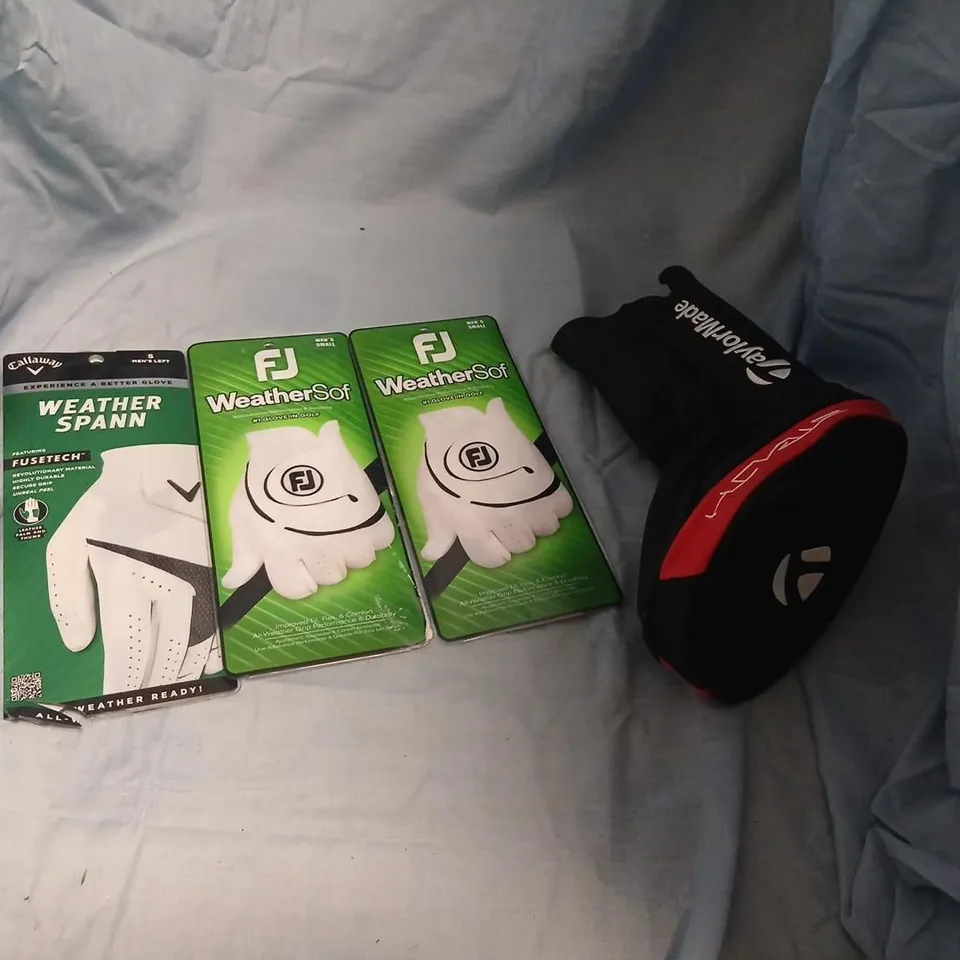 TWO FOOTJOY WEATHERSOF GOLF GLOVES, CALLAWAY WEATHER SPIN GOLF GLOVE AND TAYLOR MADE GOLD CLUB COVER