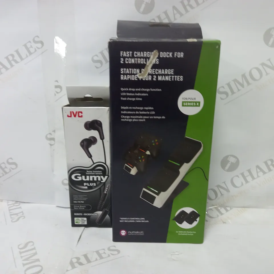 LOT OF JVC GUMY PLUS EARBUDS AND NUMSKULL FAST CHARGING DOCK FOR 2 XBOX SERIES X CONTROLLERS