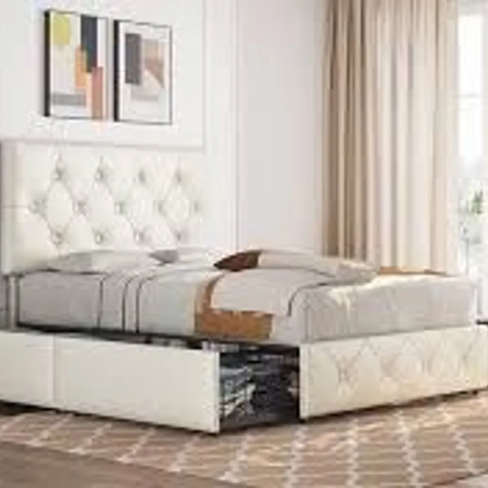 BOXED YAHEETECH UPHOLSTERED STORAGE BED - BEIGE // SIZE: 135 X 190cm (2 BOXES)