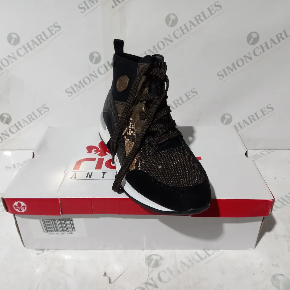 BOXED PAIR OF RIEKER HIGH TOP MIX MATERIAL TRAINER BOOTS UK SIZE 6.5