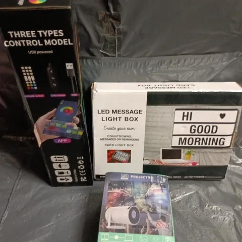 APPROXIMATELY 10 ASSORTED ELECTRICAL PRODUCTS TO INCLUDE LIGHT BOX, LED PROJECTOR, KEYBOARD ETC