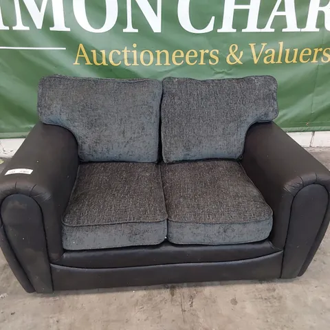 DESIGNER TWO SEATER SOFA BLACK FAUX LEATHER & CHARCOAL FABRIC
