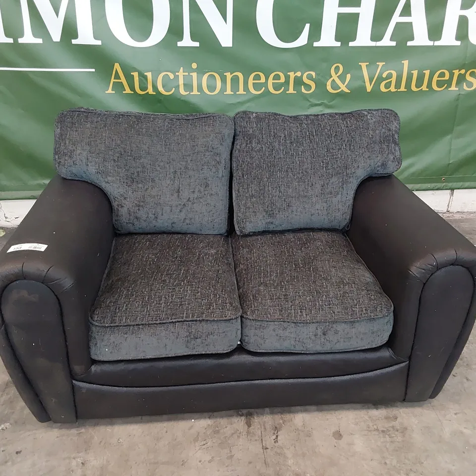 DESIGNER TWO SEATER SOFA BLACK FAUX LEATHER & CHARCOAL FABRIC 