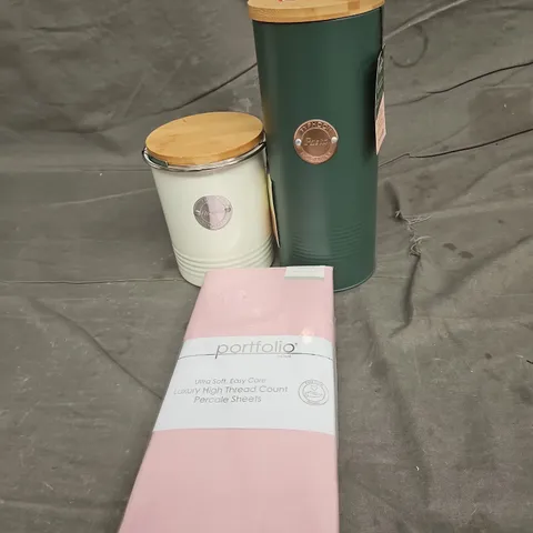 LARGE BOX OF APPROXIMATELY 5 ASSORTED ITEMS TO INCLUE BED SHEETS, PASTA POTS AND UTENSIL POT