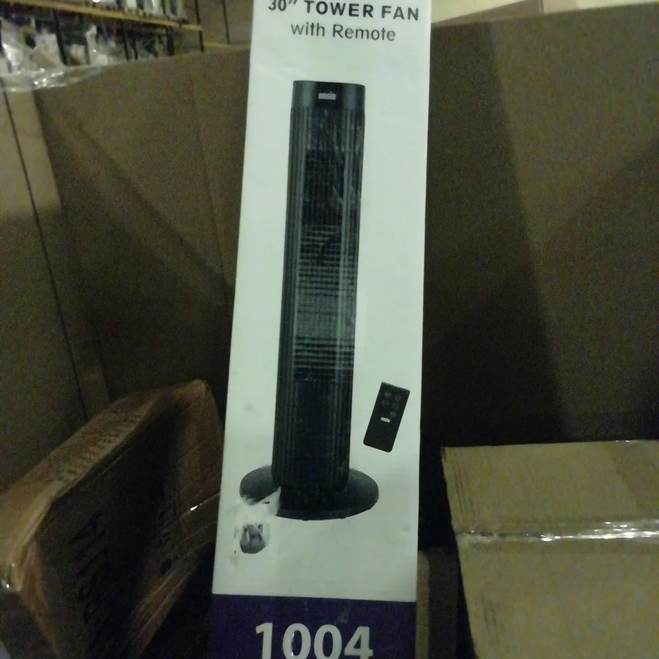 PALLET OF ASSORTED ITEMS INCLUDING, METAL TRIPOD, 30"TOWER FAN HEATER, PORTABLE CLOSET. 