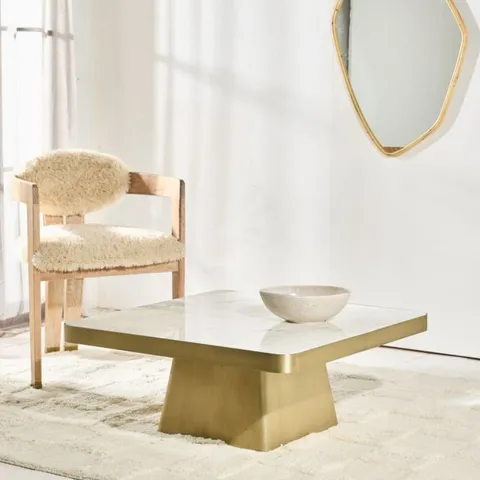 BOXED MAVEN COFFEE TABLE - SQUARE WHITE MARBLE TOP - GOLD METAL BASE (2 BOXES)