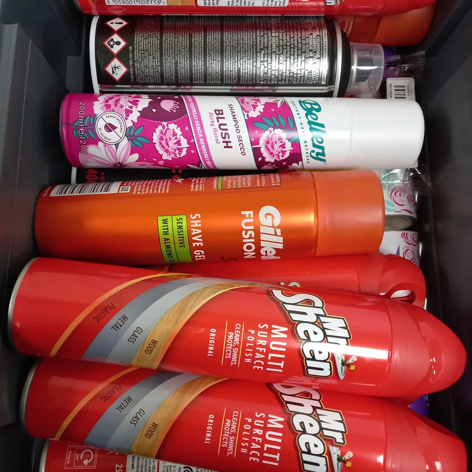 BOX OF APPROX 10 ASSORTED LIQUIDS TO INCLUDE - MR SHEEN, GILLETTE SHAVE GEL, DRY SHAMPOO ETC