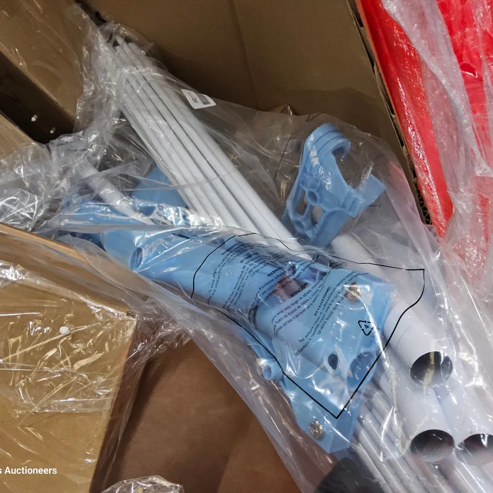 PALLET OF ASSORTED ITEMS TO INCLUDE, BAGS OF CRAFT FOAM, QUANTITY OF DECORATIVE POTTERY SCULPTURES, DRYING RACKS.