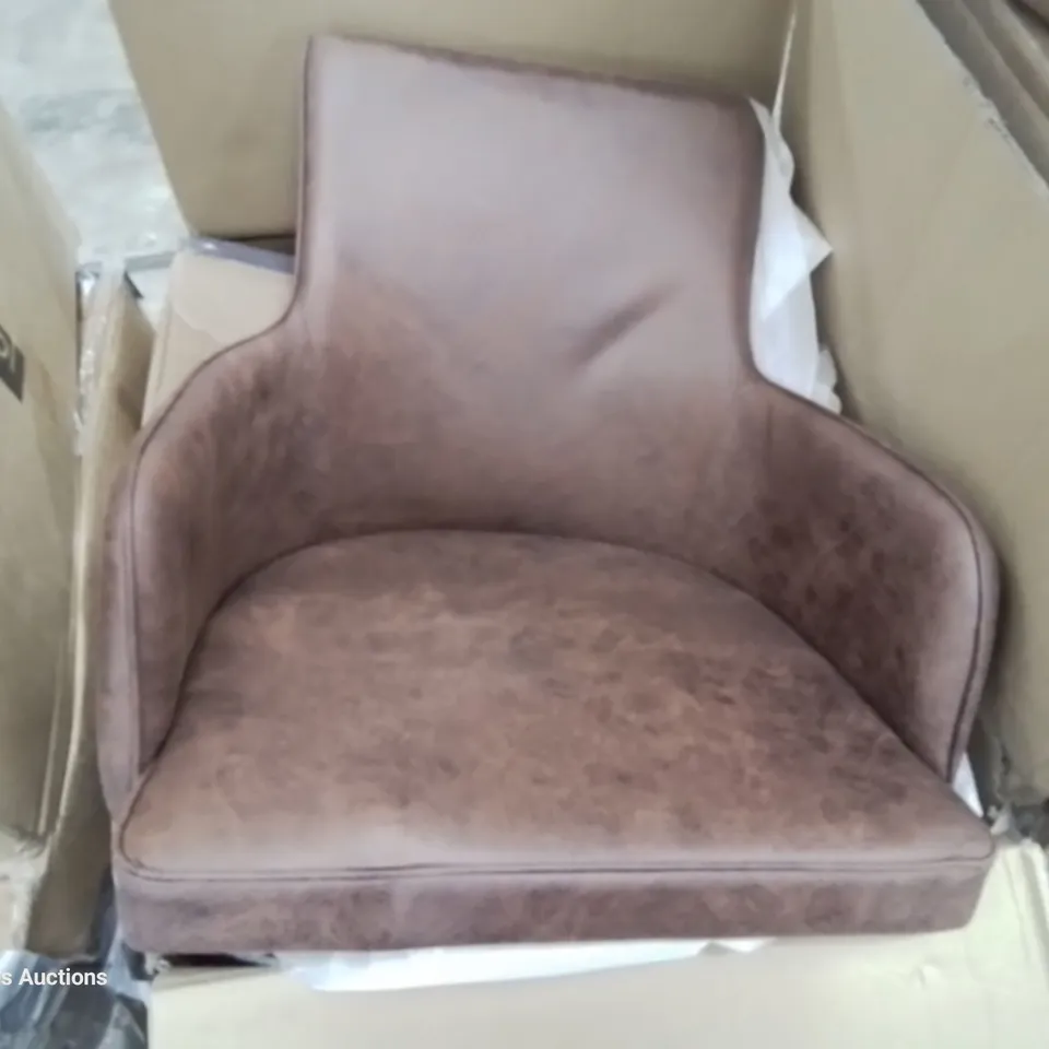 BOXED PAIR OF BROWN FAUX LEATHER DINING CHAIRS
