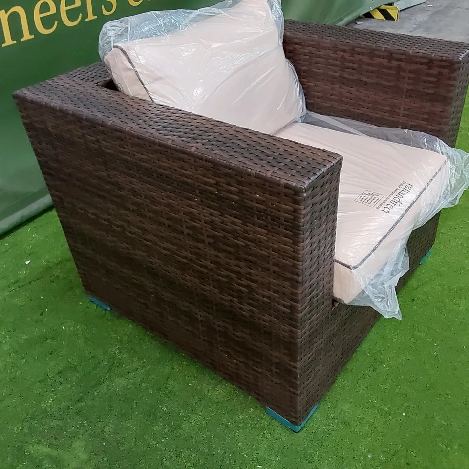 DESIGNER ASCOT CHOCOLATE MIX RATTAN ARMCHAIR WITH CUSHIONS AND PROTECTIVE COVER