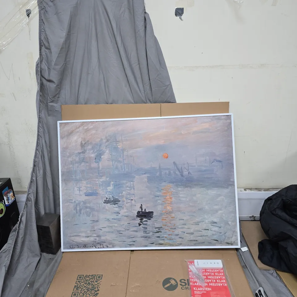 FRAMED IMPRESSIONIST SEASCAPE PAINTING WITH BOATS AT SUNSET INFRARED HEATER