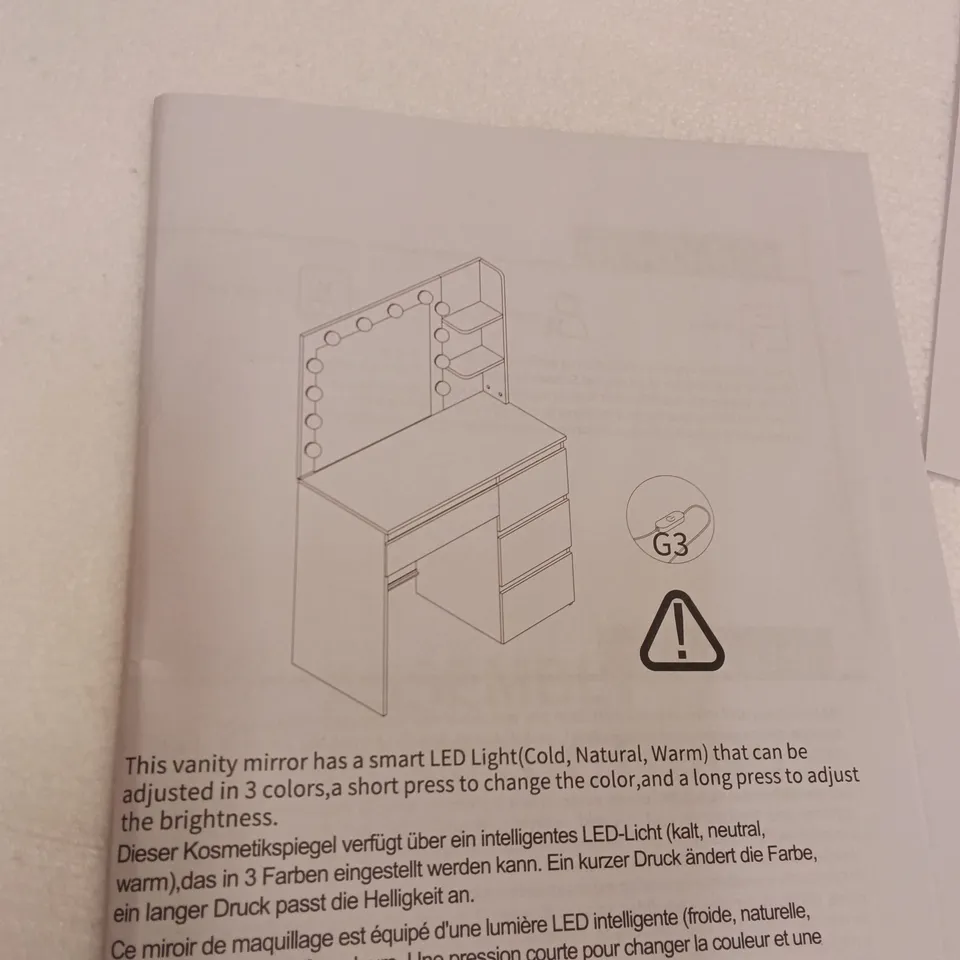 BOXED VANITY DRESSING TABLE SET FEATURING A MIRROR WITH INTEGRATED LED LIGHTING - WHITE (1 BOX)