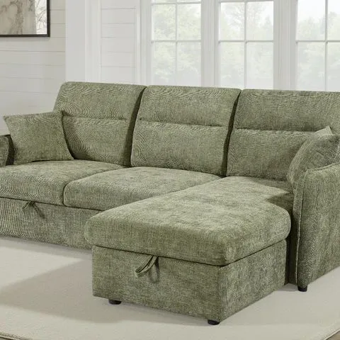 BOXED GREEN CHENILLE FABRIC 2C1 CORNER SOFABED WITH STORAGE ARCHIE (2 BOXES)
