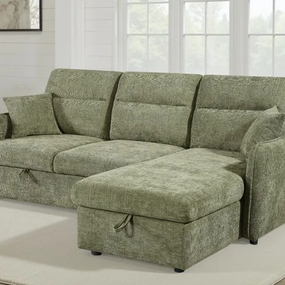BOXED GREEN CHENILLE FABRIC 2C1 CORNER SOFABED WITH STORAGE ARCHIE (2 BOXES)