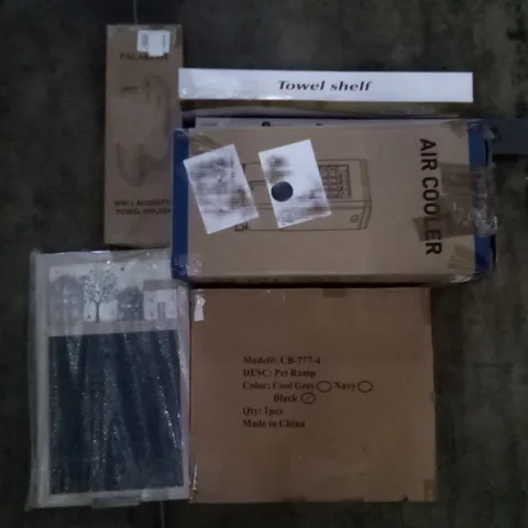 PALLET OF ASSORTED ITEMS INCLUDING AIR COOLER, PET RAMP, WALL MOUNTED TOWEL HOLDER, DOOR BRACE, SMALL BLACKBOARD, TOWEL SHELF