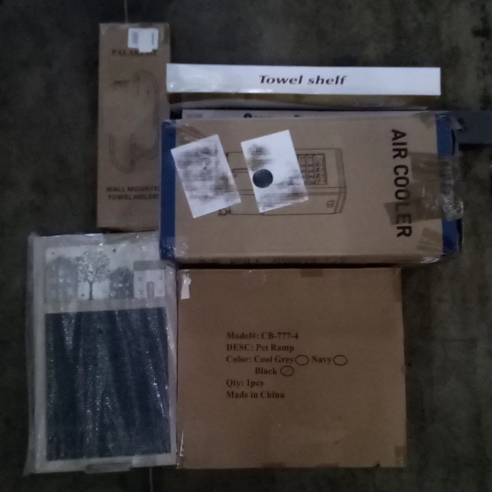 PALLET OF ASSORTED ITEMS INCLUDING AIR COOLER, PET RAMP, WALL MOUNTED TOWEL HOLDER, DOOR BRACE, SMALL BLACKBOARD, TOWEL SHELF
