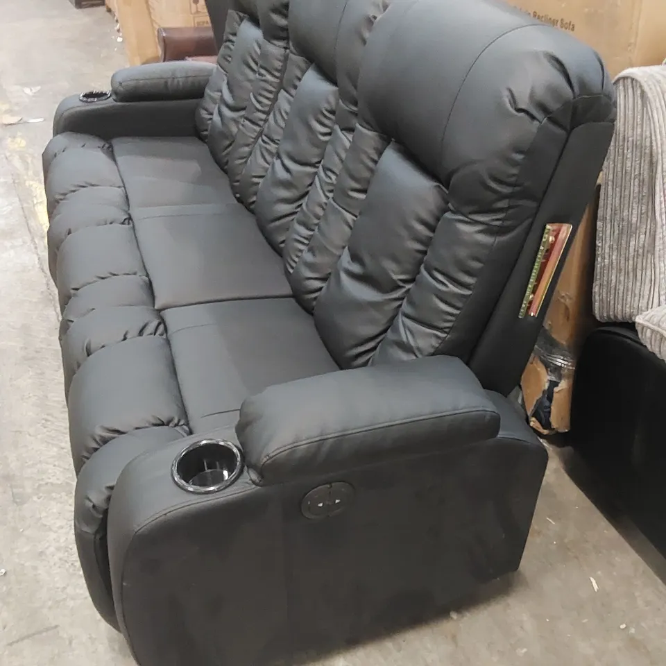 DESIGNER BLACK FAUX LEATHER POWER RECLINING 3-SEATER SOFA 