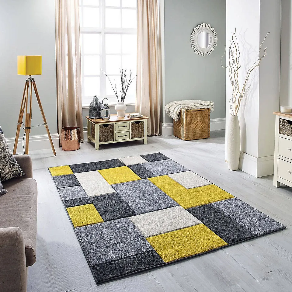 MODERN EASY TO CLEAN GEOMETRIC YELLOW RUG FOR DINING ROOM-80CM X 150CM