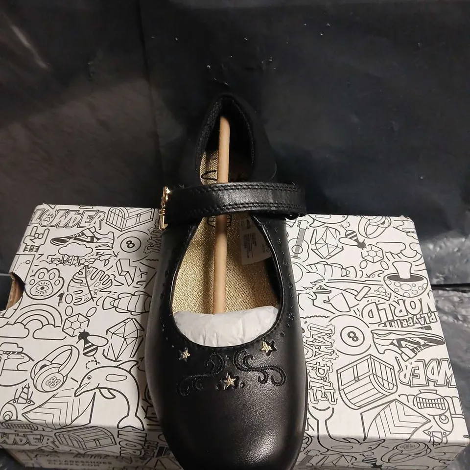 BOXED PAIR OF CLARKS KIDS' BLACK MARY JANE SHOES WITH STAR & MOON EMBROIDERY – UK SIZE 1.5