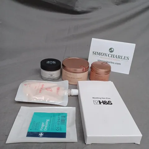 TOTE OF ASSORTED COSMETIC ITEMS TOO INCLUDE , BODY CREAM , HAIRBRUSHES, ETC