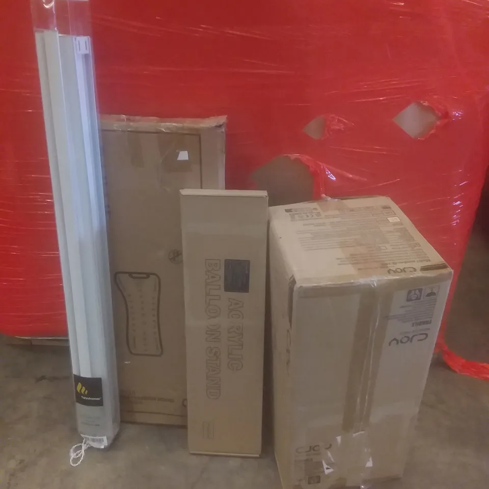 PALLET OF ASSORTED ITEMS INCLUDING 48INCH CEILING FAN, ACRYLIC BALLOON STAND, BATH TRANSFER BOARD, VENETIAN BLIND