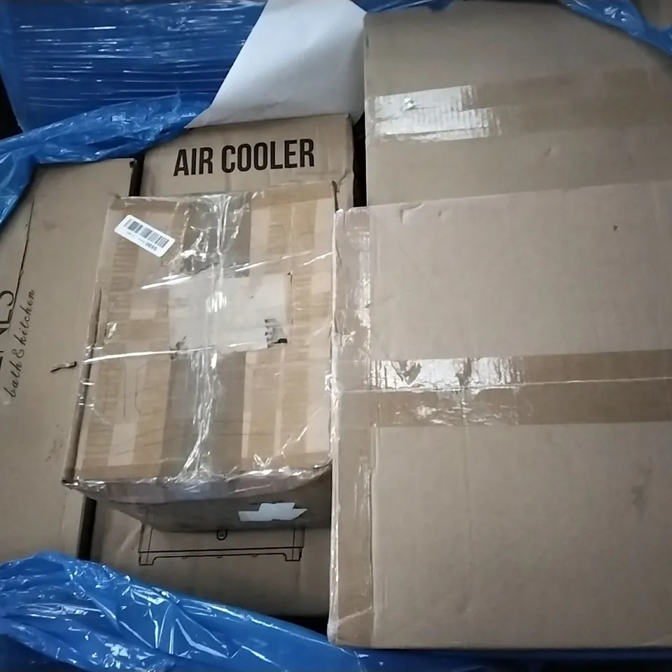 PALLET OF ASSORTED ITEMS INCLUDING AIR COOLER, KENES BATH & KITCHEN, SIMPLY BRANDS