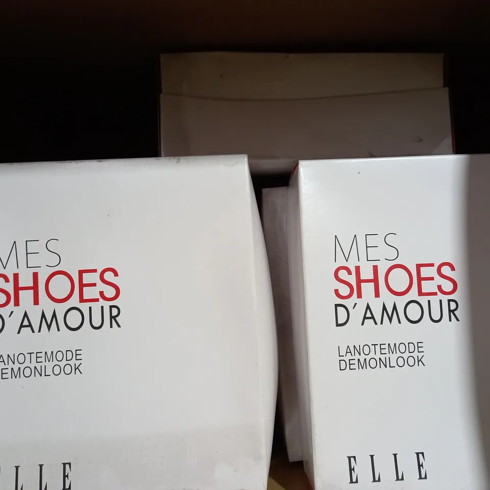 APPROXIMATELY 7 BOXED PAIRS OF ELLE SASHAY HEELED PLATFORM OPEN TOE SHOES IN VARIOUS SIZES 